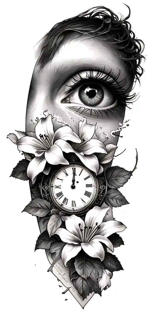 Design me a man’s sleeve tattoo with a eye and Lillie flowers around it, a old clock and ripped pages underneath tattoo design idea