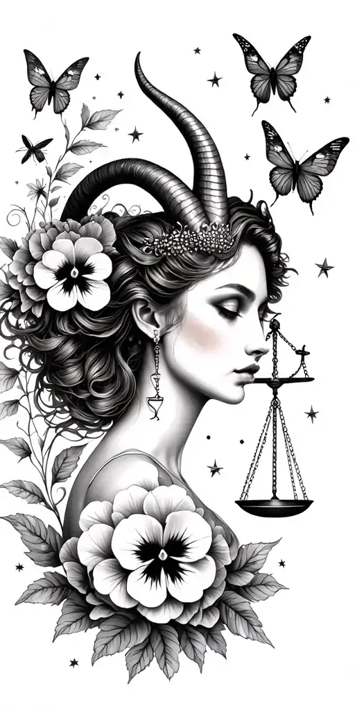 Capricorn woman with horns, LIBRA SCALES, pansy flower, butterfly, dragon flies, large beetle, hydrangea petals, stars tattoo design idea