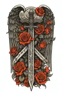 angel wings behind sword, roses tattoo design idea