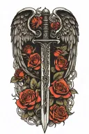 angel wings behind sword, roses tattoo design idea