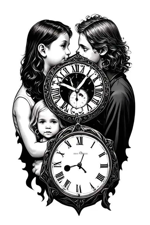 father and children clock tattoo design idea