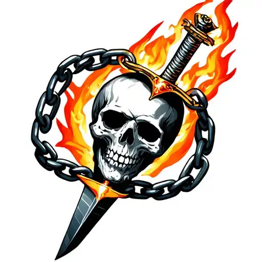 tough friendship tatto with a chain with 3 links wrapped around a burning dagger which is inside a skull  tattoo design idea