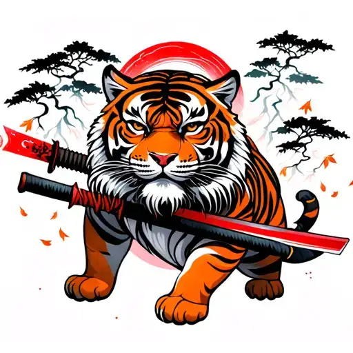 Tiger with katana in mouth, red blade katana, thunderstorm in background, bonzai trees with falling leaves tattoo design idea