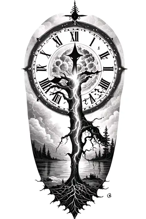 lightining storm and time and nature tattoo design idea