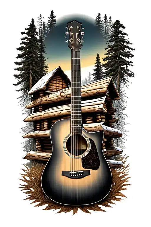 accoustic guitar surrounded by log cabin scene  tattoo design idea