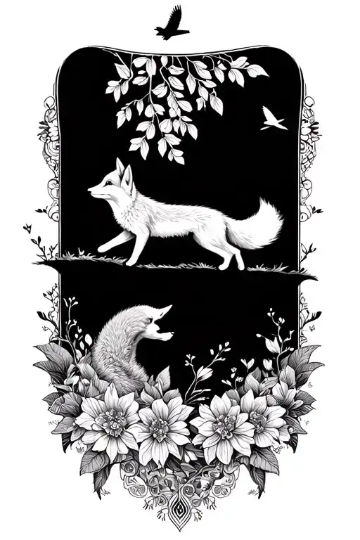 floral lace background with small fox running through forest and birds flying above tattoo design idea