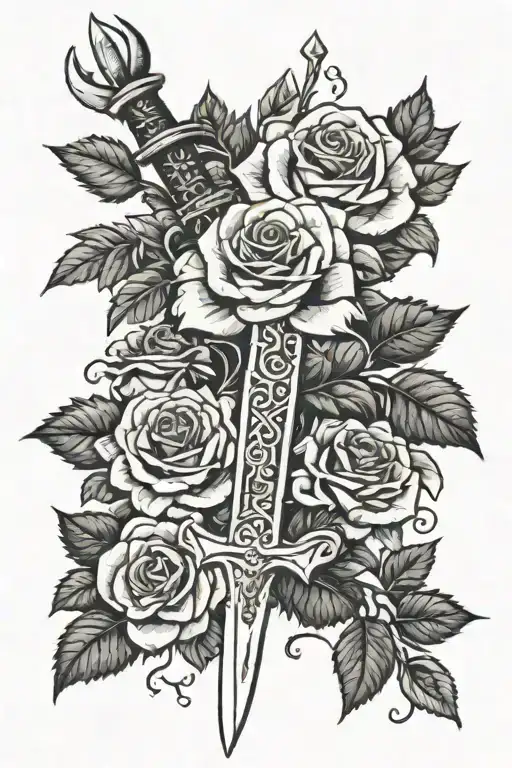 sword in rose bush tattoo design idea