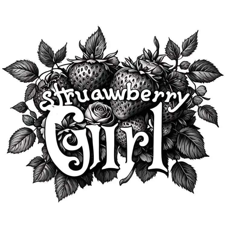 strawberries arranged & roses with vine growing the words strawberry girl tattoo design idea