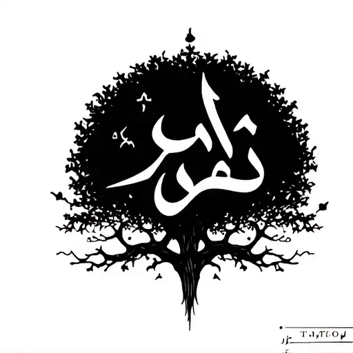 Design a black-ink tattoo in traditional Arabic calligraphy. Use the word حقيقتي as the trunk or core of a tree. From it tattoo design idea