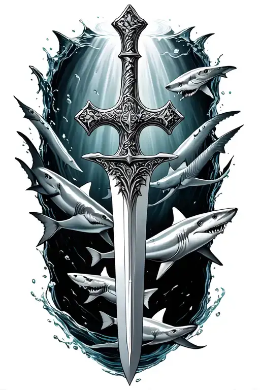 Sword with a cross on it with water effects with sharks swimming around it tattoo design idea