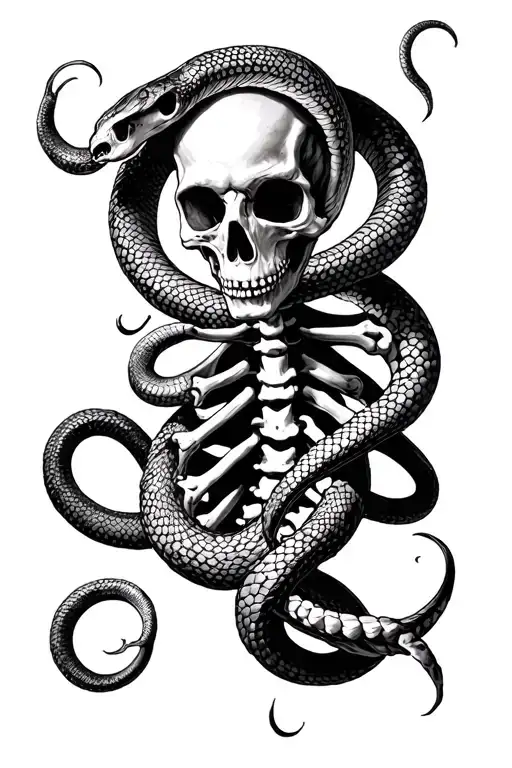 I want a whole skeletal arm with a snake circling the bones and damned souls coming out from deep within the bones tattoo design idea
