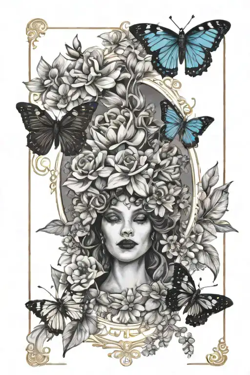 strength tarot card black queen flowers and butterflies tattoo design idea