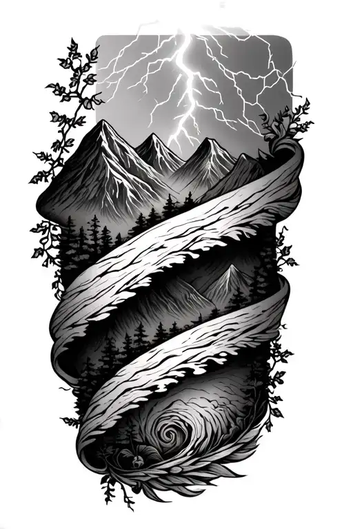 lightning strikes, mountain ranges and vines wrapped around thigh , fine line tattoo design idea
