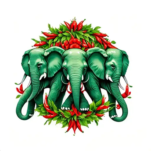 three jade elephant following each other with a green and red chile wreath tattoo design idea