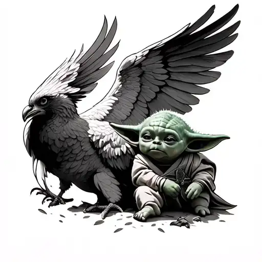 baby yoda mounting a phoenix tattoo design idea
