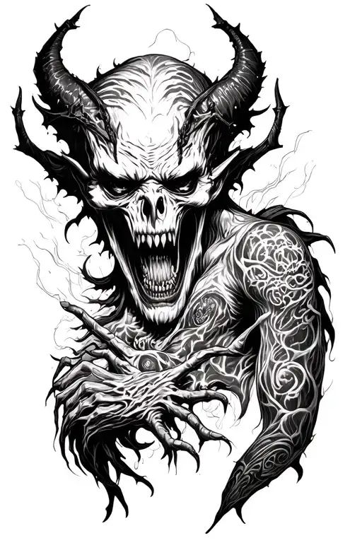 you need to draw a tattoo sketch of a sleeve from the shoulder to the wrist in the b&w horror style, you need to draw demons and closer to the cyst tattoo design idea