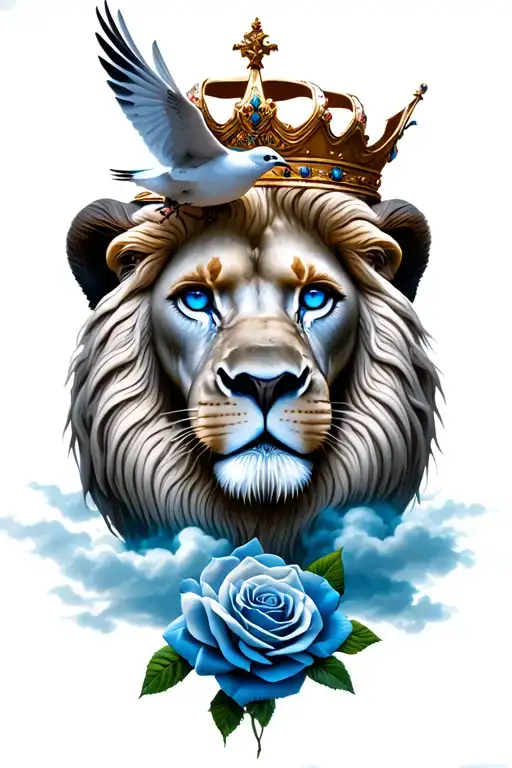 blue eye lion with crown a dove flying under neath with clouds as filling with backside time peice with 1955 and rose tattoo design idea