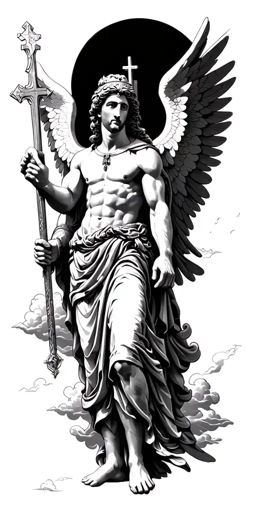 Saint michael the archangel with wings and a cross and clouds tattoo design idea