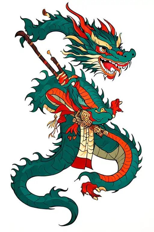 Wukong in a dragon with its cane tattoo design idea