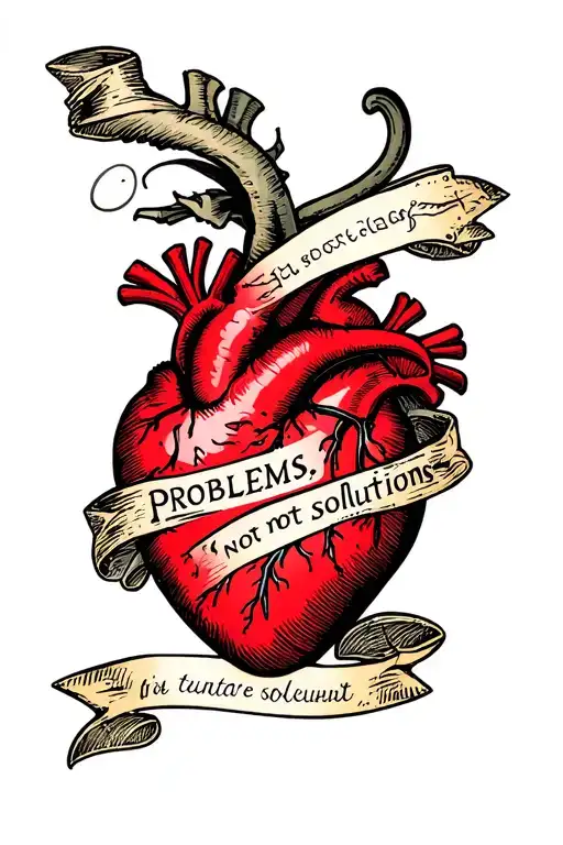 "Problems, not solutions" Heart with a banner wrapped tattoo design idea