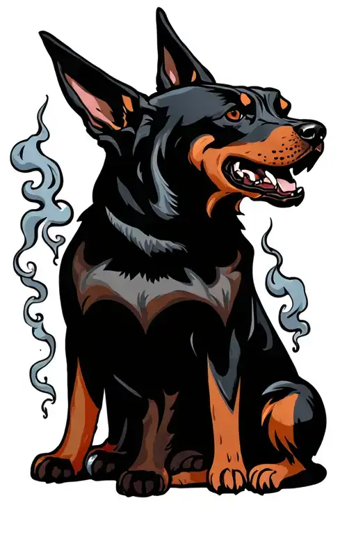 3 hellish dog heads with chqins and smoke tattoo design idea