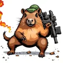 war field with a paramedic capybara in the center trying to help hurt soldiers, there is wreckeage and smoke everywhere tattoo design idea