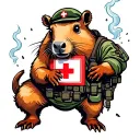 war field with a paramedic capybara in the center trying to help hurt soldiers, there is wreckeage and smoke everywhere tattoo design idea