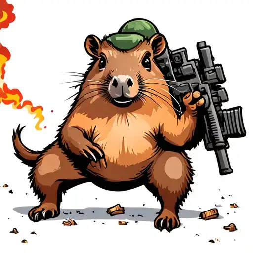 war field with a paramedic capybara in the center trying to help hurt soldiers, there is wreckeage and smoke everywhere tattoo design idea