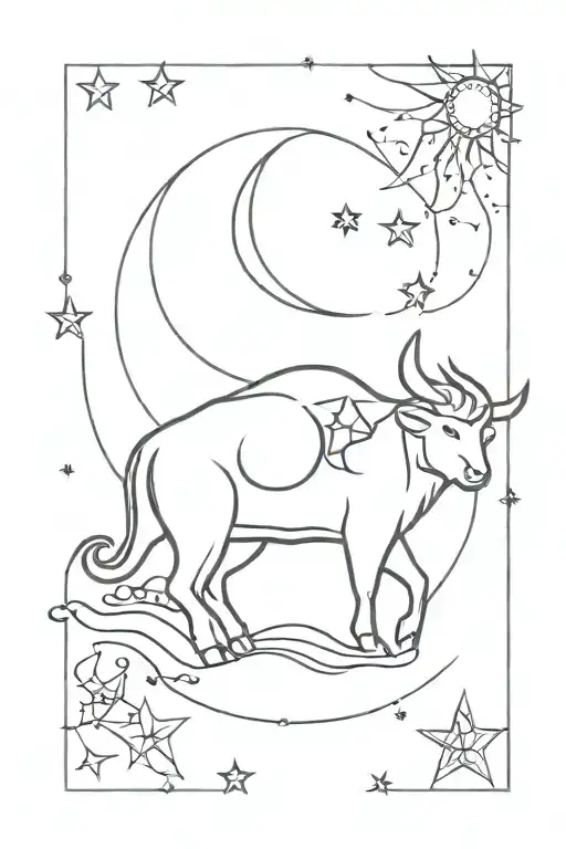 moon, sun, astrological sign taurus, stars tattoo design idea