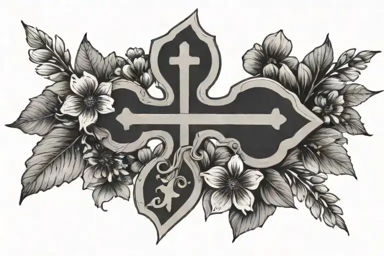 a cross surrounded by mustard seed flowers growing tattoo design idea
