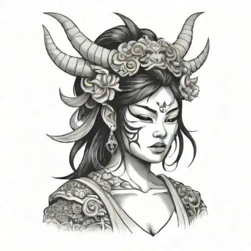 japanese woman with oni mask split in half tattoo design idea