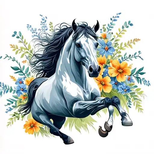the horse running with like rope flowers in the background with horseshoes  tattoo design idea