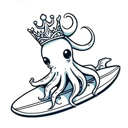 cartoon squid riding a surfboard wearing a tiara tattoo design idea
