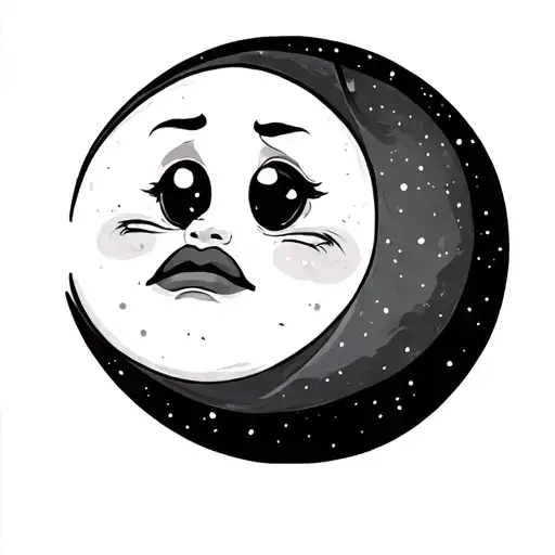 I need an image of a right facing slightly sad and thoughtful crescent moon with full lips, a sloped nose, a cute boyish tattoo design idea