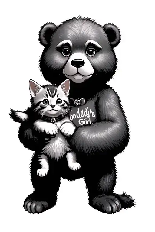 human grizzle bear holding human female kitten with a collar on the kitten that say daddys girl tattoo design idea
