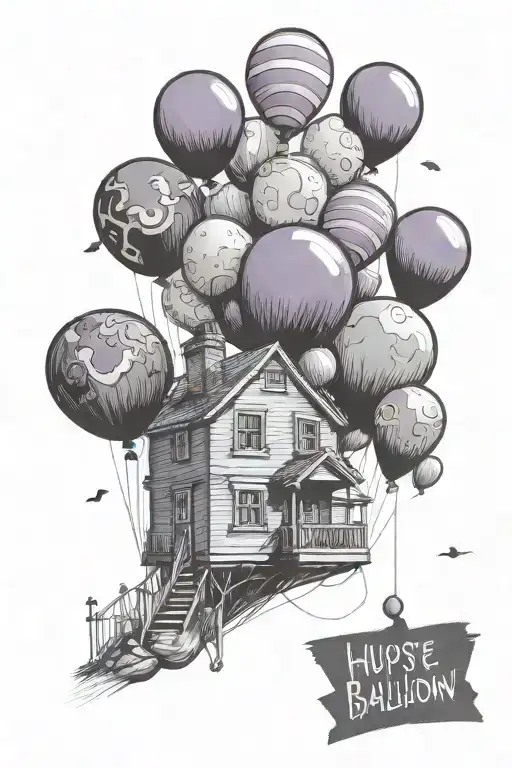 house from up with one black balloon flying away fron the rest with a purple ribbon tattoo design idea
