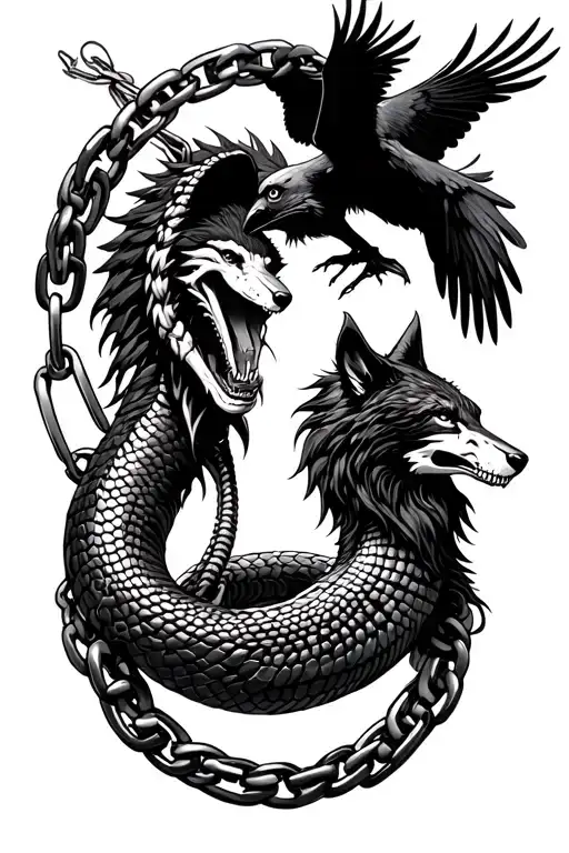 circular serpent, wolf with a thin chain wrapped around him, and a raven flying top down half alive and half skeleton tattoo design idea