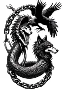 circular serpent, wolf with a thin chain wrapped around him, and a raven flying top down half alive and half skeleton tattoo design idea