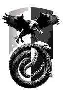 circular serpent, wolf with a thin chain wrapped around him, and a raven flying top down half alive and half skeleton tattoo design idea