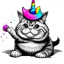 Funny fat cat wearing a unicorn hat, trying to catch tattoo design idea