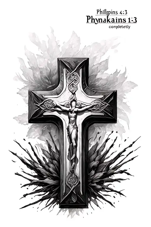 Realistic Byzantine cross with Philippians 4:13 written out completely with the verse itself included tattoo design idea