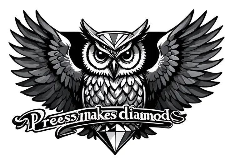 "Pressure makes diamonds" diamonds and owl spread wings flying tattoo design idea
