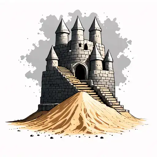 imperfect sand castle being built on a pile of sand  with stairs leading to it tattoo design idea
