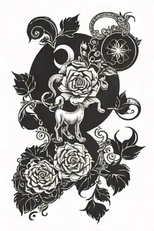back tattoo with lirios, dog and cat paws, moon, aries sign and phrase " ever happens for a reason"  tattoo design idea