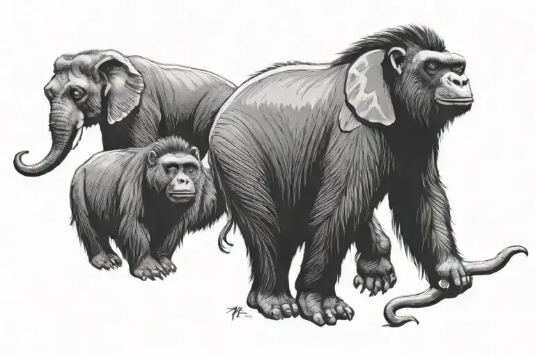 sloth, elephant, gorilla, capybara, giraffe tattoo design idea