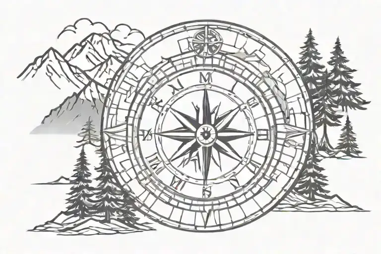 roman architecture, compass, pine trees and mountains tattoo design idea
