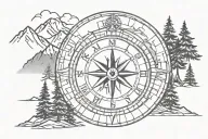roman architecture, compass, pine trees and mountains tattoo design idea