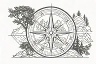roman architecture, compass, pine trees and mountains tattoo design idea