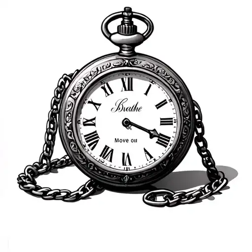 antique pocket watch with no numbers or hands just the word Now wit chain forming words Breathe in, breathe out, move on tattoo design idea