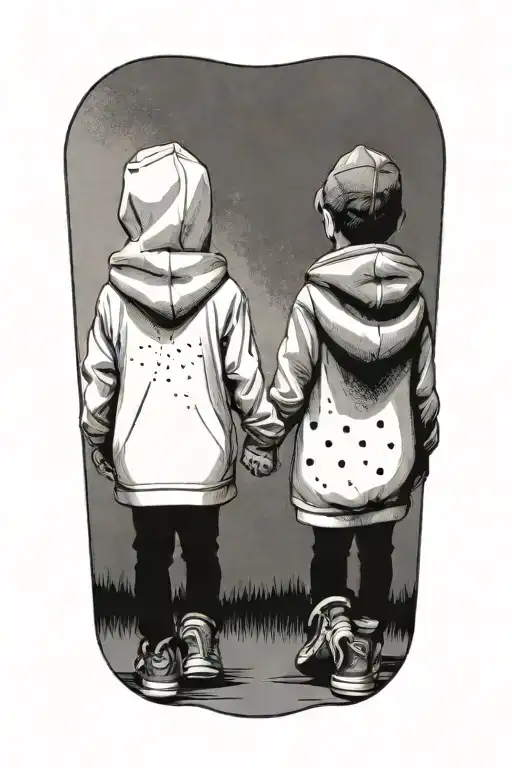 a siloutte of 2 toddler brothers wearing hoodies one taller than the other walking away holding hands tattoo design idea